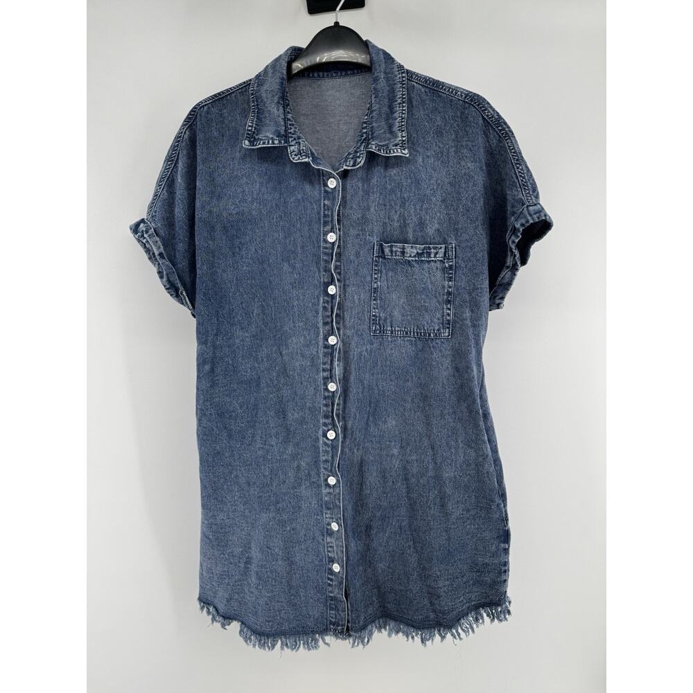 Thin Denim Shirt Dress Fringe Hem Size Medium 100% Cotton Cap Sleeve Button Up